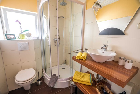 A modern bathroom with a glass-enclosed shower, a toilet, a sink with a wooden countertop, and a mirror above the sink.