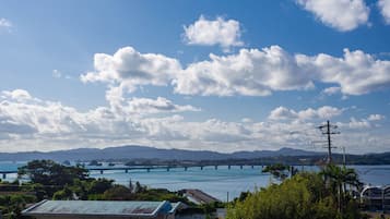 A coastal view with a bridge, mountains, and a building with a green roof.
