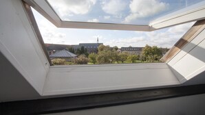 Et ovenlys med udsigt til bygninger og træer.