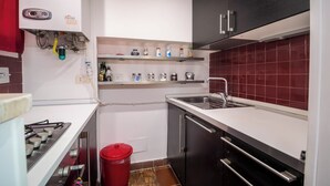 Cocina compacta con estufa a gas, lavamanos y un bote de basura rojo.