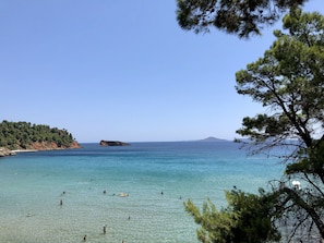 A coastal scene with clear turquoise water, a rocky shoreline, and a distant mountain.