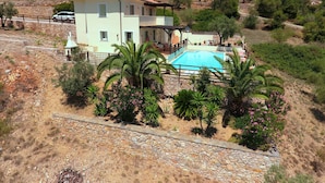 A two-story house with a swimming pool, surrounded by palm trees and a stone pathway. - Alonissos 4-bedroom Large Villa With Private Pool (Alonissos)