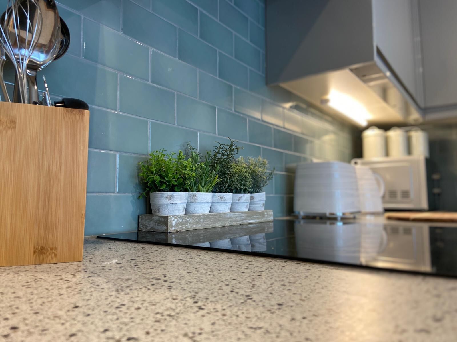 A kitchen with a blue tiled backsplash, a wooden cutting board, and a shelf with potted plants.
