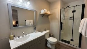 A bathroom with a sink, mirror, toilet, and glass shower enclosure.