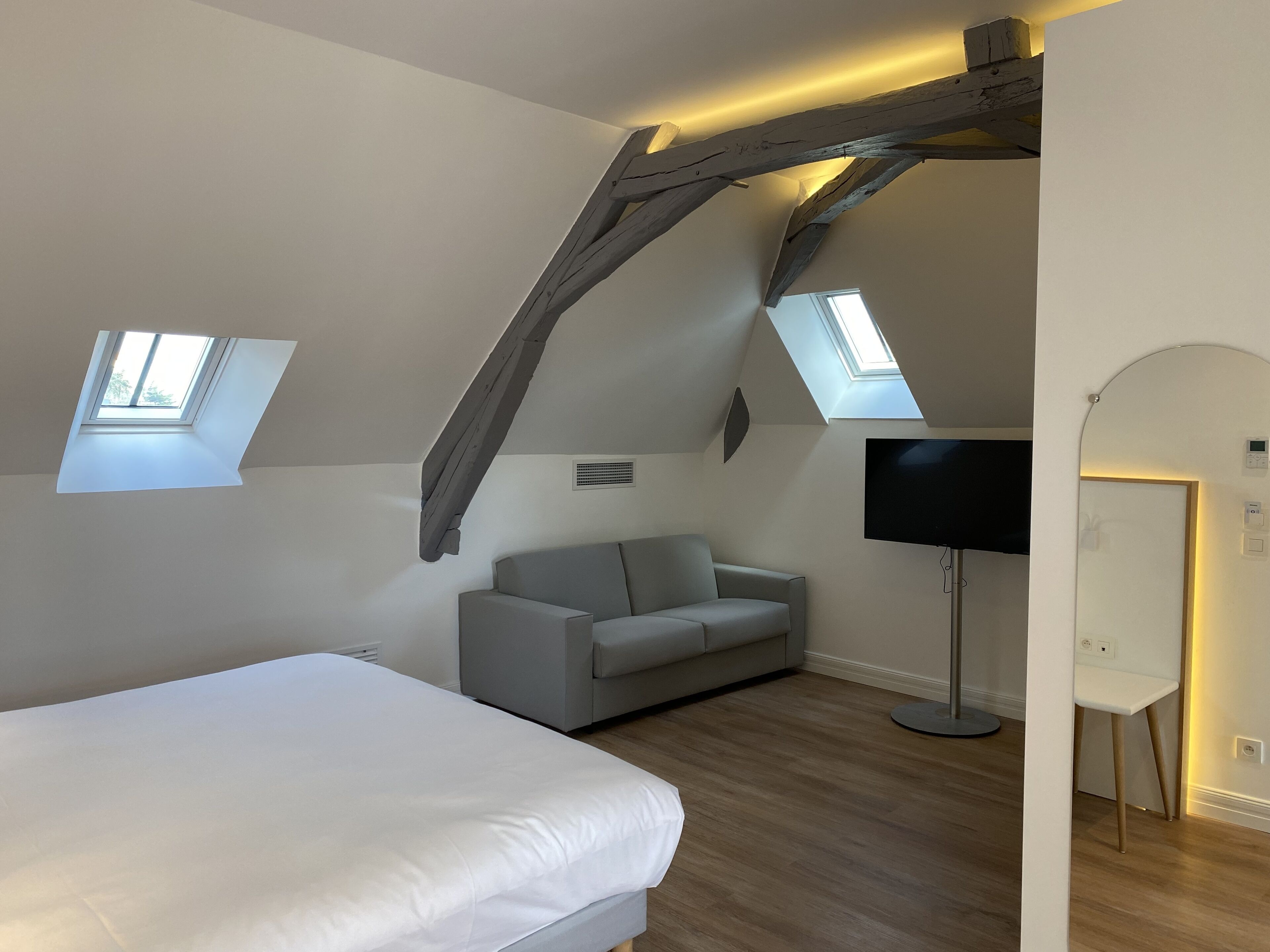 A bedroom with a bed, a grey sofa, a TV, and two skylights.