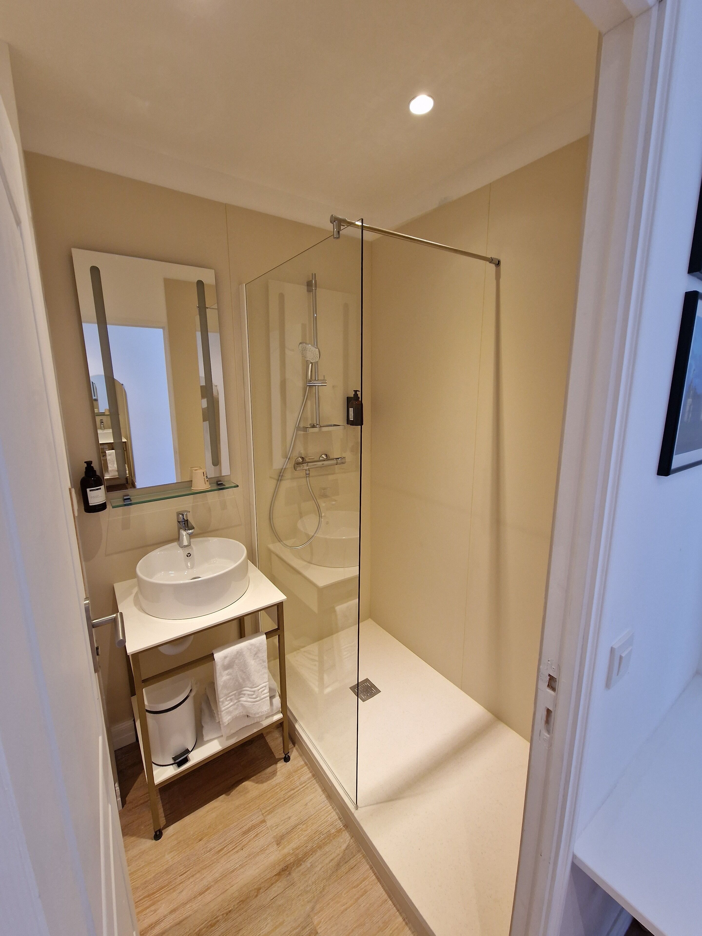 A modern bathroom with a glass-enclosed shower, a white sink, and a mirror above it.