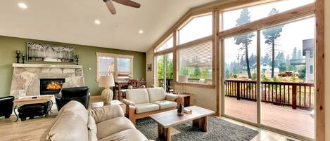 Flat-screen TV, fireplace, video games, books