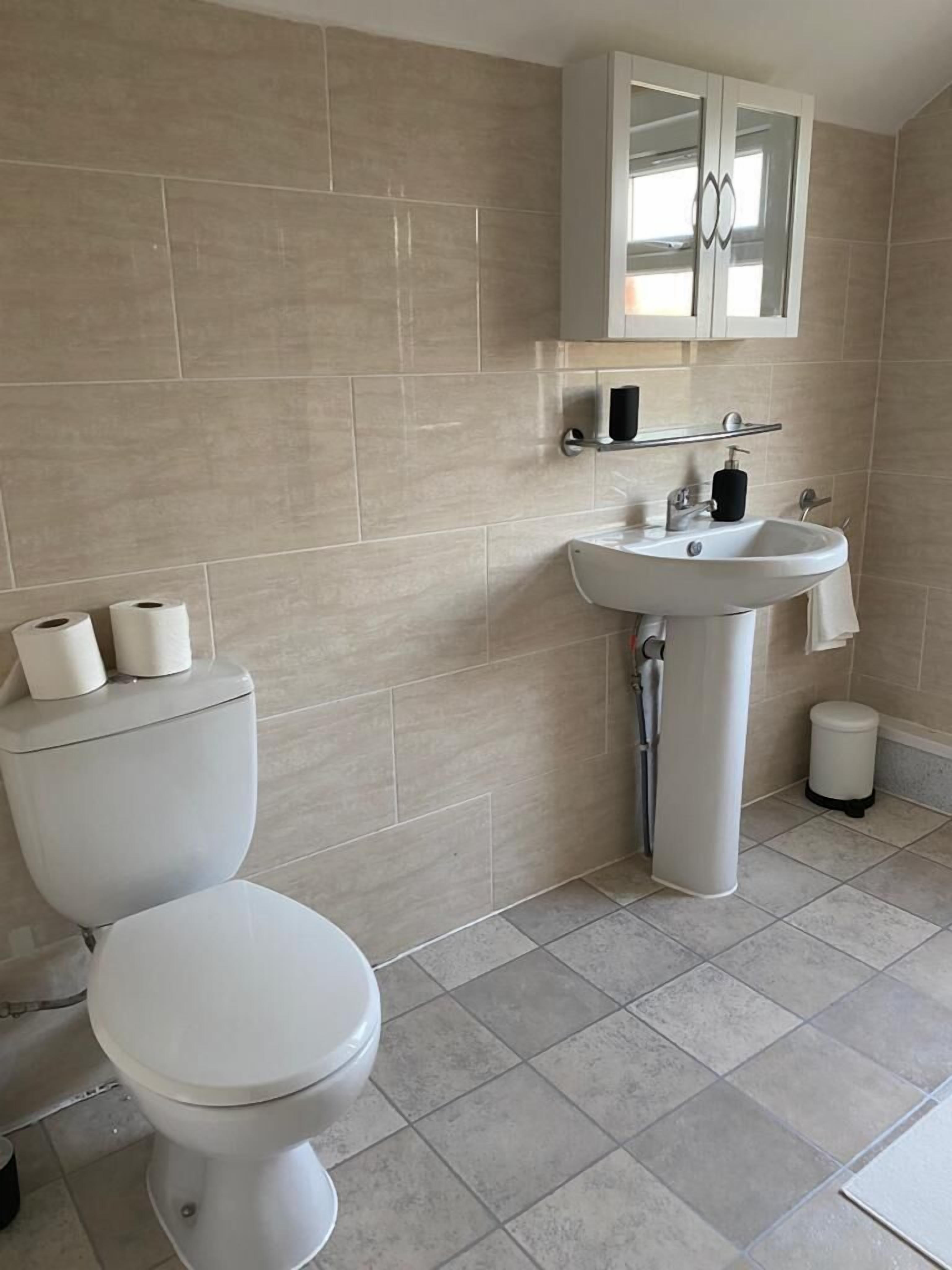 A bathroom with a toilet, sink, and cabinet.