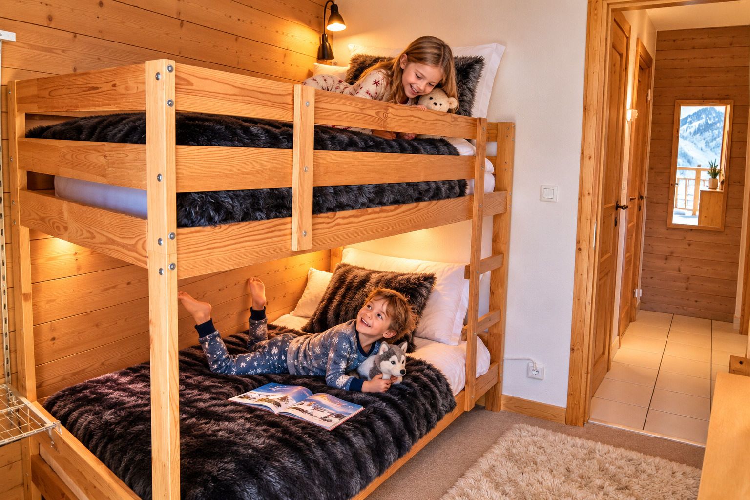A bunk bed with two children, one on top and one on the bottom, in a room with wooden walls and a view of mountains through a window.