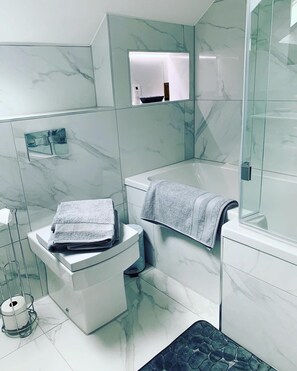 Combined shower/tub, hair dryer, towels, soap