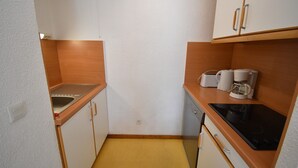 Una kitchenette funcional con lavamanos, estufa y cafetera.