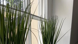 Two potted plants on a white window sill. - Modern 1 Bed Apartment (Reading)