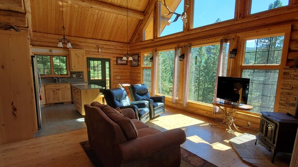 Interior de una cabaña con techo de madera, ventanas amplias, chimenea, sofá y televisor.