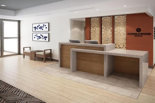 Un área de recepción con diseño moderno, que incluye un mostrador de recepción, zona de estar y un amplio ventanal que proporciona luz natural.