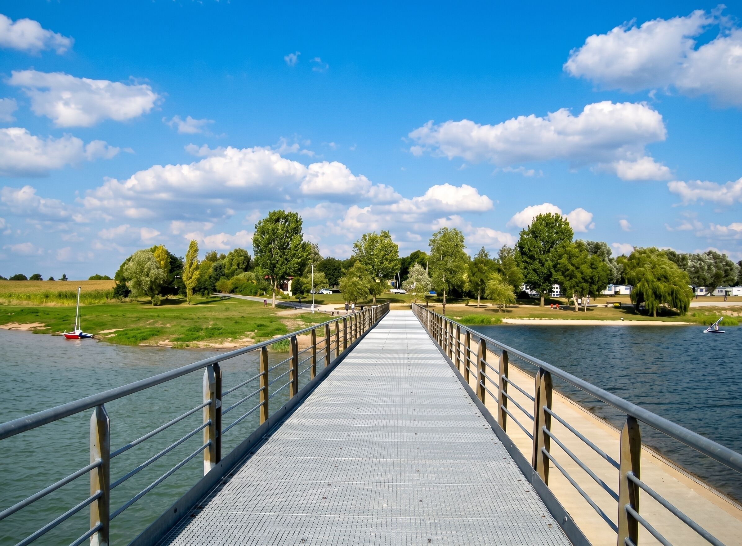 A long, flat bridge over a river with a metal railing, surrounded by trees and a clear sky.