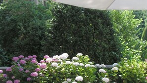 Une terrasse extérieure avec une table dressée pour le thé, entourée d’une végétation luxuriante et de plantes en fleurs.