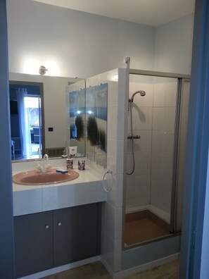 Shower, hair dryer, towels, soap