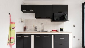A modern kitchen with black cabinets, a stainless steel sink, and a countertop with a potted plant.