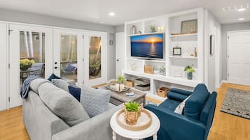 Smart TV, fireplace, books