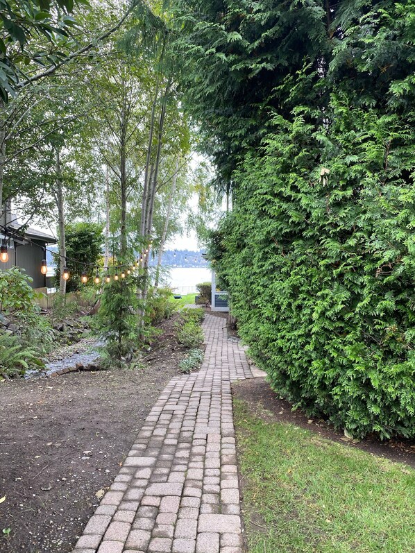 A paved pathway leading to a body of water, surrounded by dense greenery and trees.