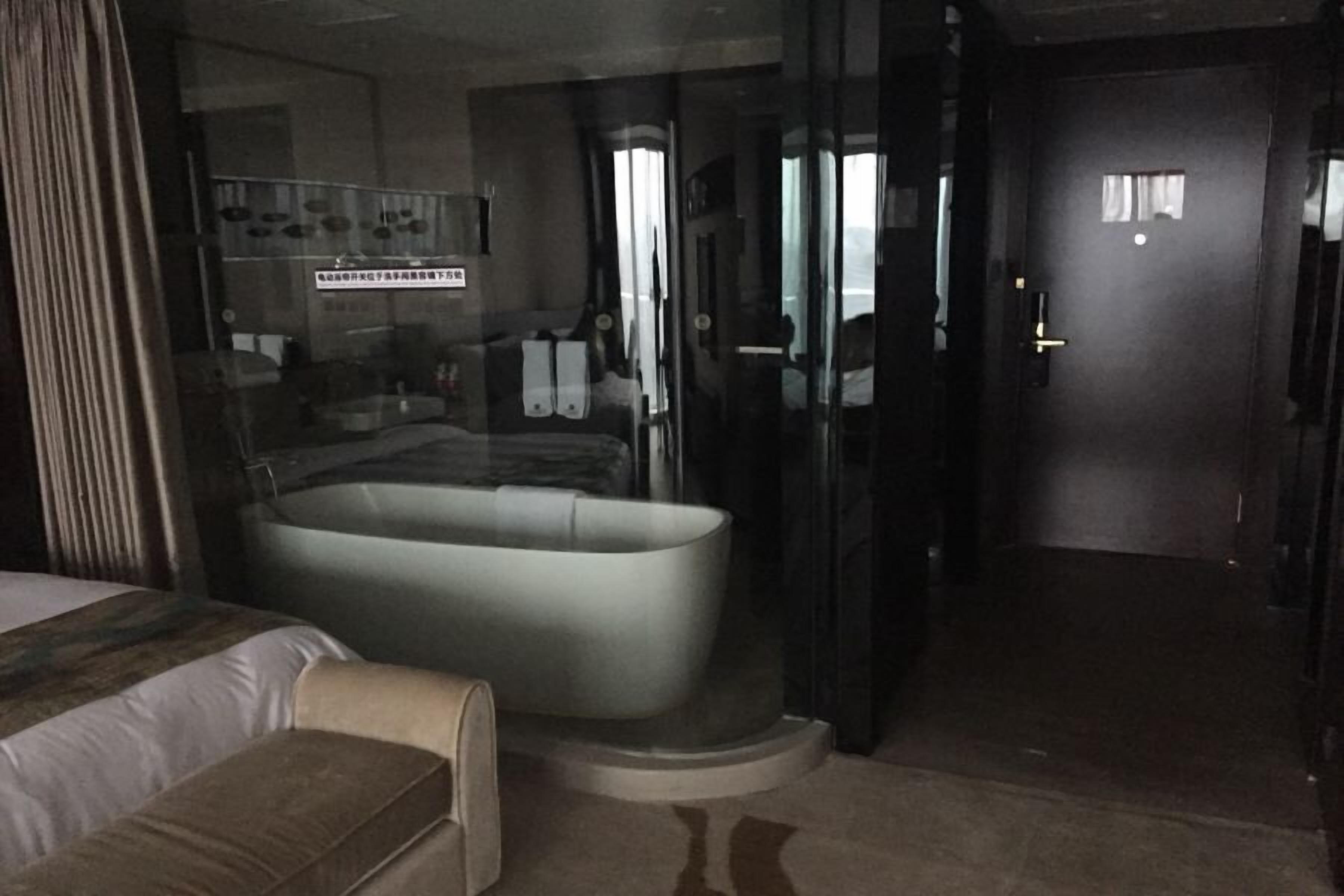 Habitación de hotel con una bañera grande, una cama y un box de ducha de vidrio.