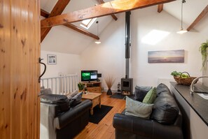 Flat-screen TV, fireplace, DVD player - Bryn Lon Mawr: 5-Bed Barn Conversion in Caergeiliog | Managed by Anglesey Holiday Lettings (Caergeiliog)
