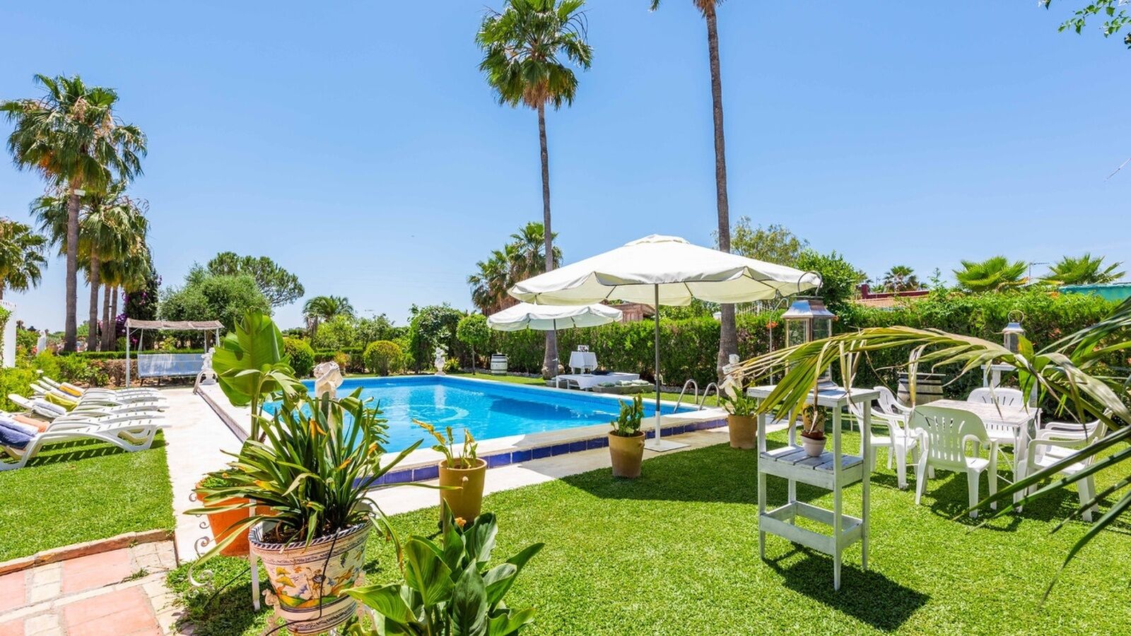 Un área de piscina con sillones de descanso, un espacio de estar cubierto y plantas en macetas.