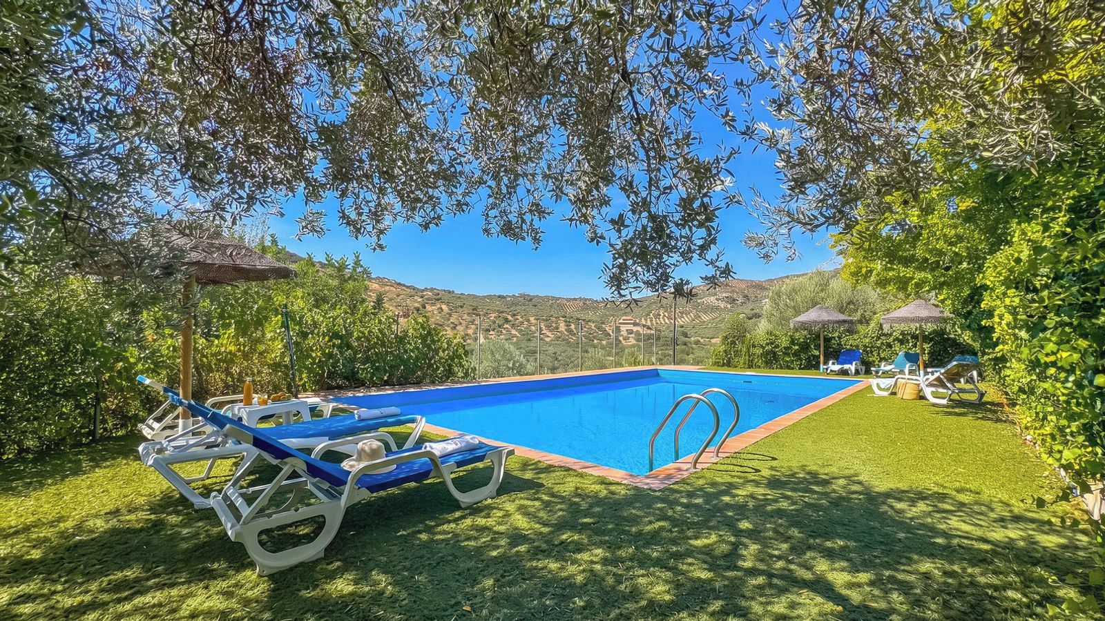 A swimming pool with lounge chairs and umbrellas, surrounded by greenery and hills in the background.
