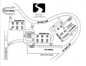 A floor plan of Ski Inn Condominiums with 300 and 200 parking spaces, ski trail lanes, and amenities like a clubhouse, check-in, and shuttle pickup. - Ski Inn 1-Bedroom Retreat with Hot Tub Access! (Steamboat Springs)