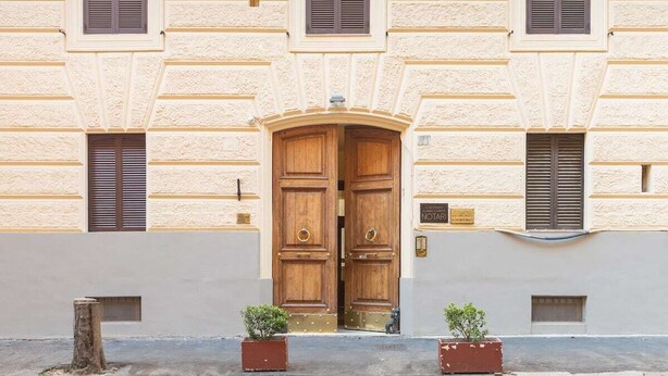 A building facade with a symmetrical design, featuring a central wooden double door with a decorative arch above it. There are two small potted plants on either side of the entrance. - The dreamer house design (Roma)