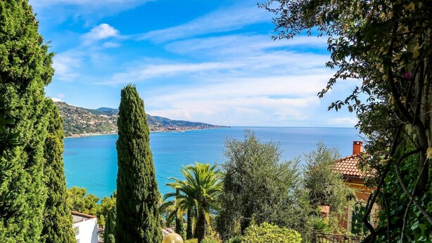 Un paysage côtier avec vue sur la mer, un grand cyprès et un bâtiment avec un toit rouge.