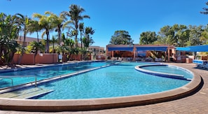 A swimming pool with a curved design, surrounded by palm trees and a covered seating area.