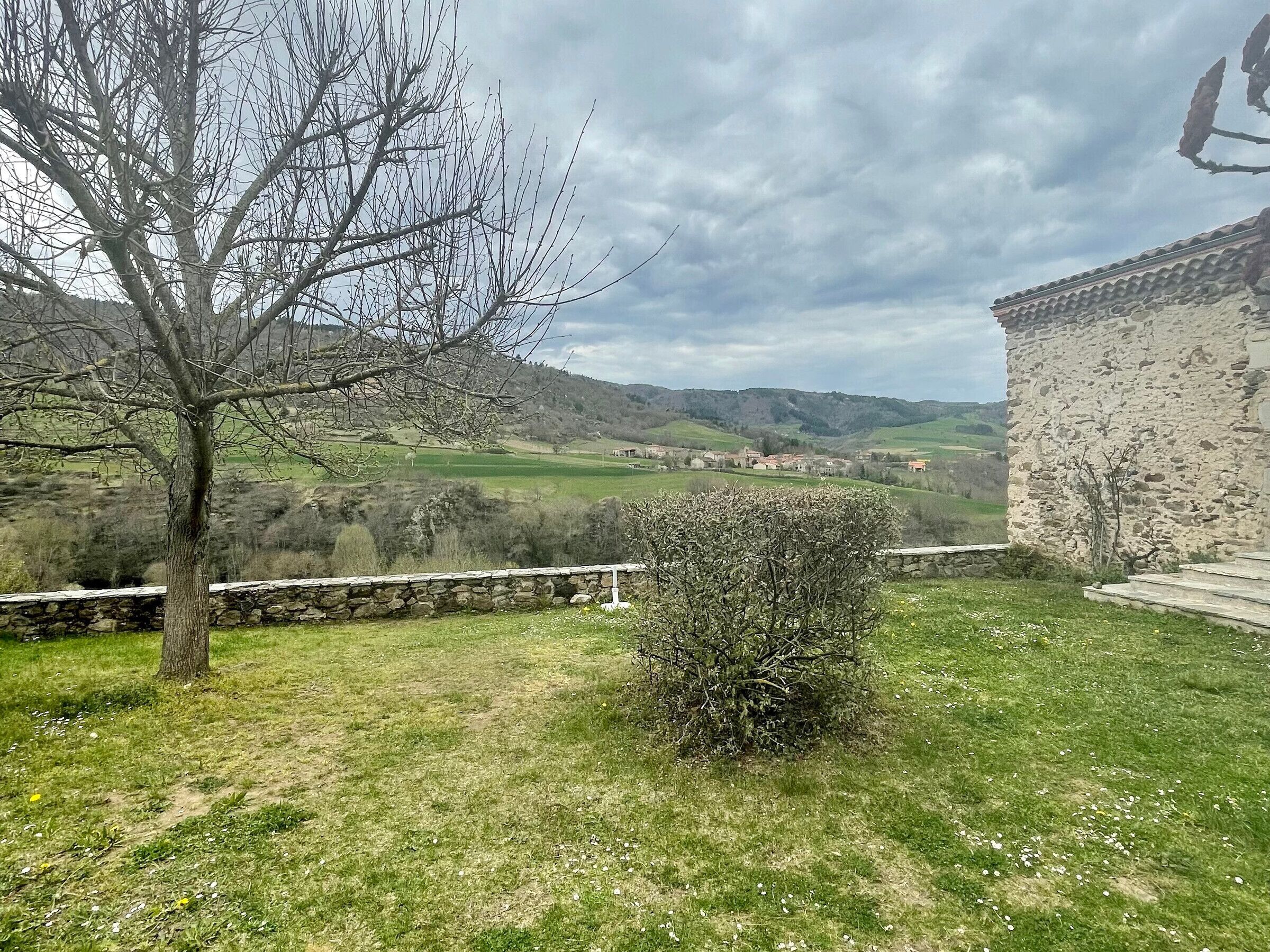 A stone building with a rustic exterior, a grassy yard with a small bush, and a tree with bare branches.