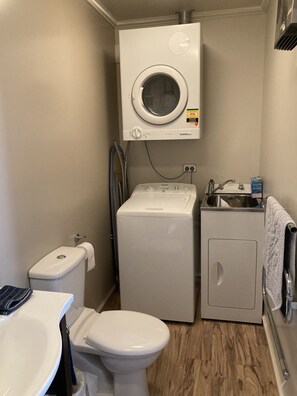 Regadera, secadora de cabello, toallas, jabón