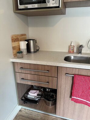 Fridge, microwave, stovetop, electric kettle