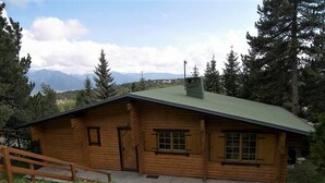 Une cabane en bois avec un toit vert, une véranda en bois et une vue sur les montagnes en arrière-plan.