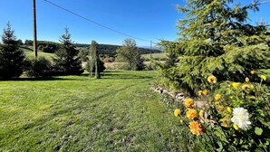 A grassy field with a wooden post and a power line.