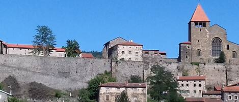 Un edificio histórico de piedra con tejado rojo, probablemente una iglesia o catedral, rodeado de edificios residenciales con tejas rojas.