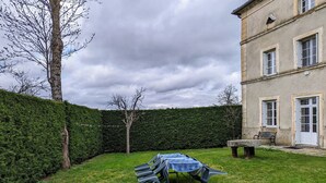 A grassy backyard with a hedge, a tree, and a table with chairs.