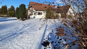 Una casa con techo inclinado, rodeada de nieve y árboles desprovistos de hojas.