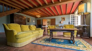 Un salon spacieux avec des canapés jaunes, une table basse en bois et un tapis à motifs.