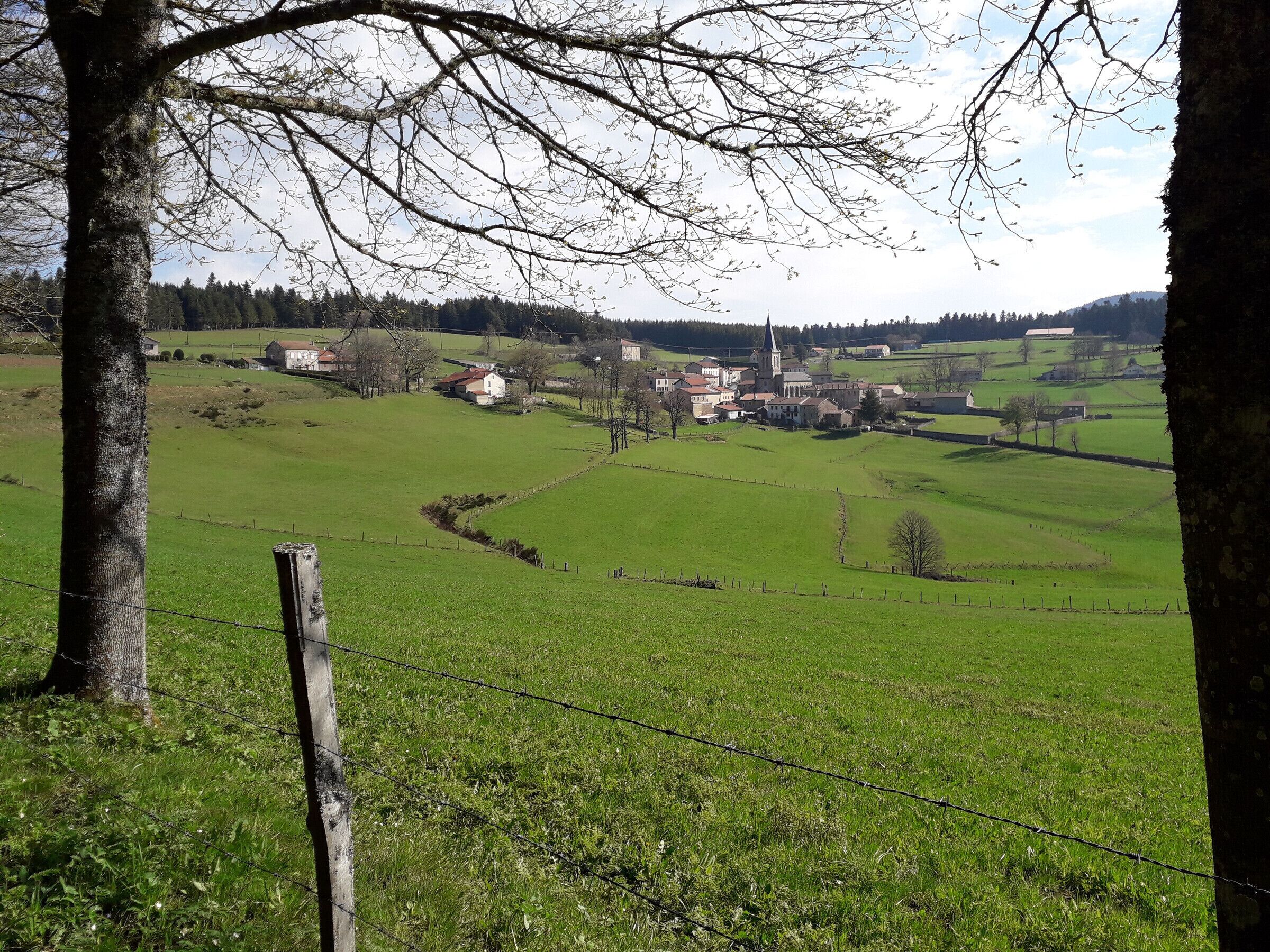 A rural landscape with a village, green fields, and a church.