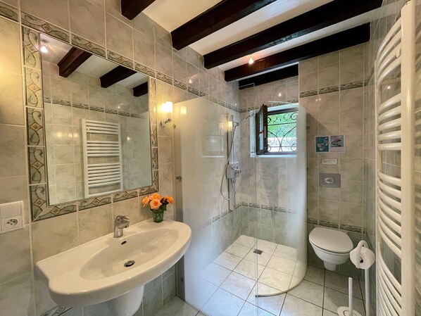 Une salle de bain avec une douche, des toilettes et un lavabo.