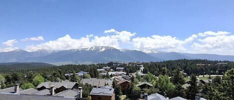 Zona residencial amb cases, cel serena i muntanyes nevades al fons.