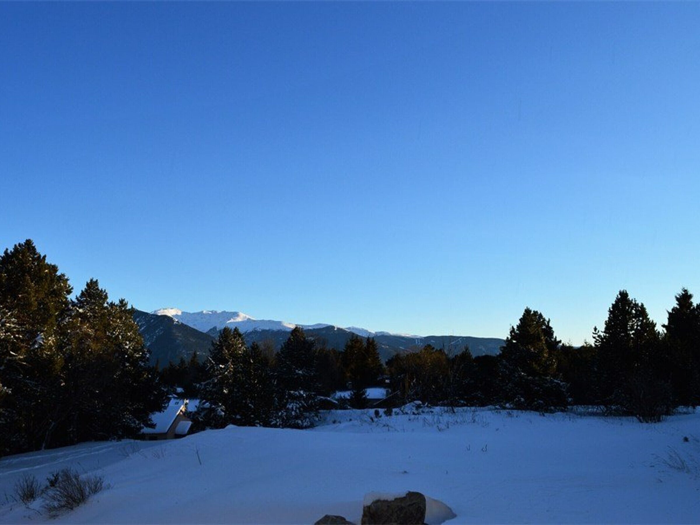 Eine verschneite Landschaft mit blauem Himmel, Bäumen und Bergen in der Ferne.