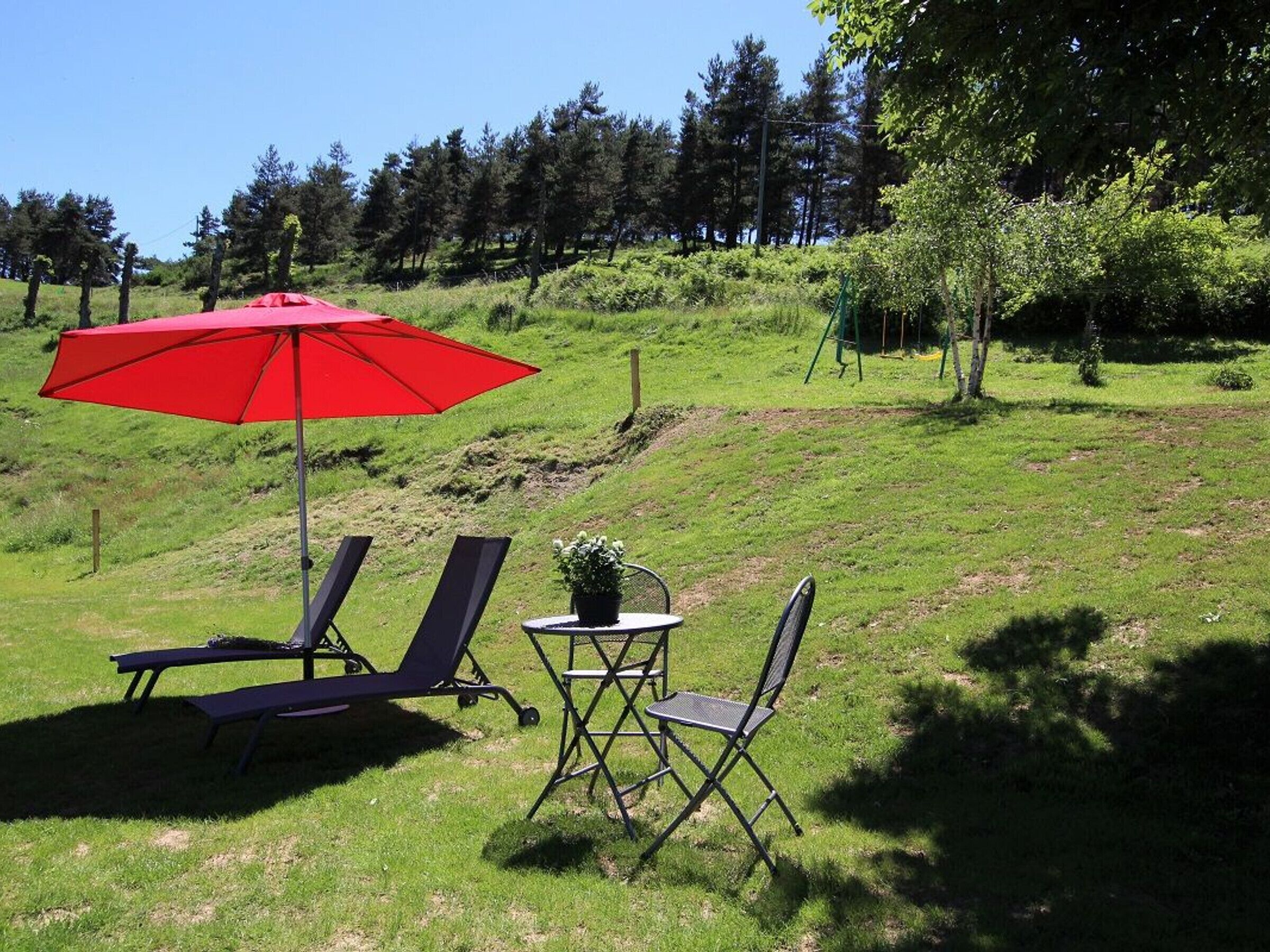 A grassy outdoor area with a red umbrella, two lounge chairs, and a small table with a potted plant.