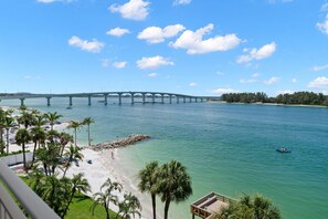 Ein Strand mit einer Brücke im Hintergrund, Palmen und klarem, blauem Wasser.