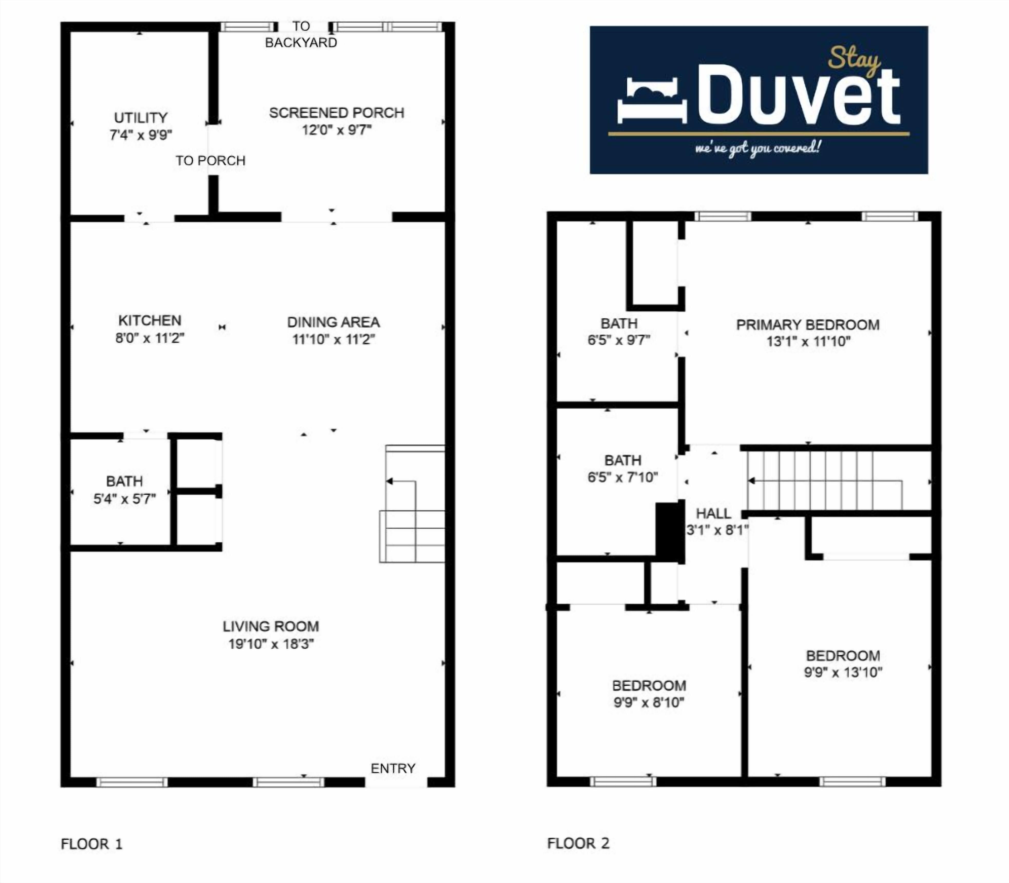 Grundriss eines zweistöckigen Hauses mit Hauswirtschaftsraum, überdachter Veranda, Küche, Essbereich, zwei Badezimmern, Wohnzimmer, Hauptschlafzimmer, Gästezimmer und einem Flur.