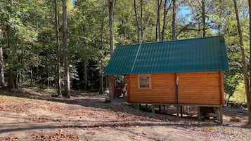 A small wooden cabin with a green roof, surrounded by trees and a dirt path.