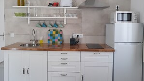 A modern kitchen with white cabinets, a stainless steel sink, a microwave, and a refrigerator. - Mansão do Mé-mé - Apartamento Zêzere (Manteigas)